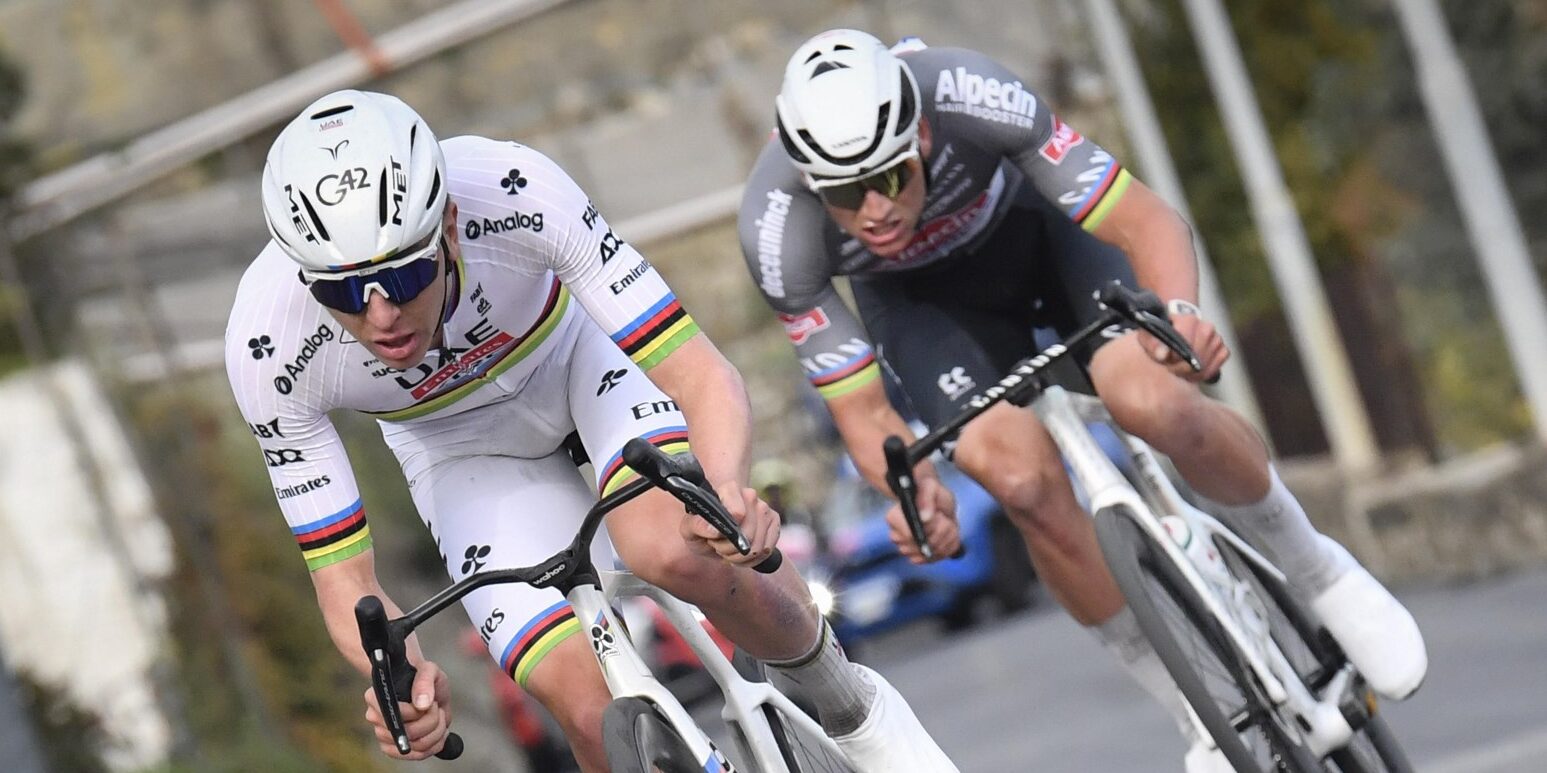 Tadej Pogacar and Mathieu van der Poel racing on Poggio climb during Milan-Sanremo