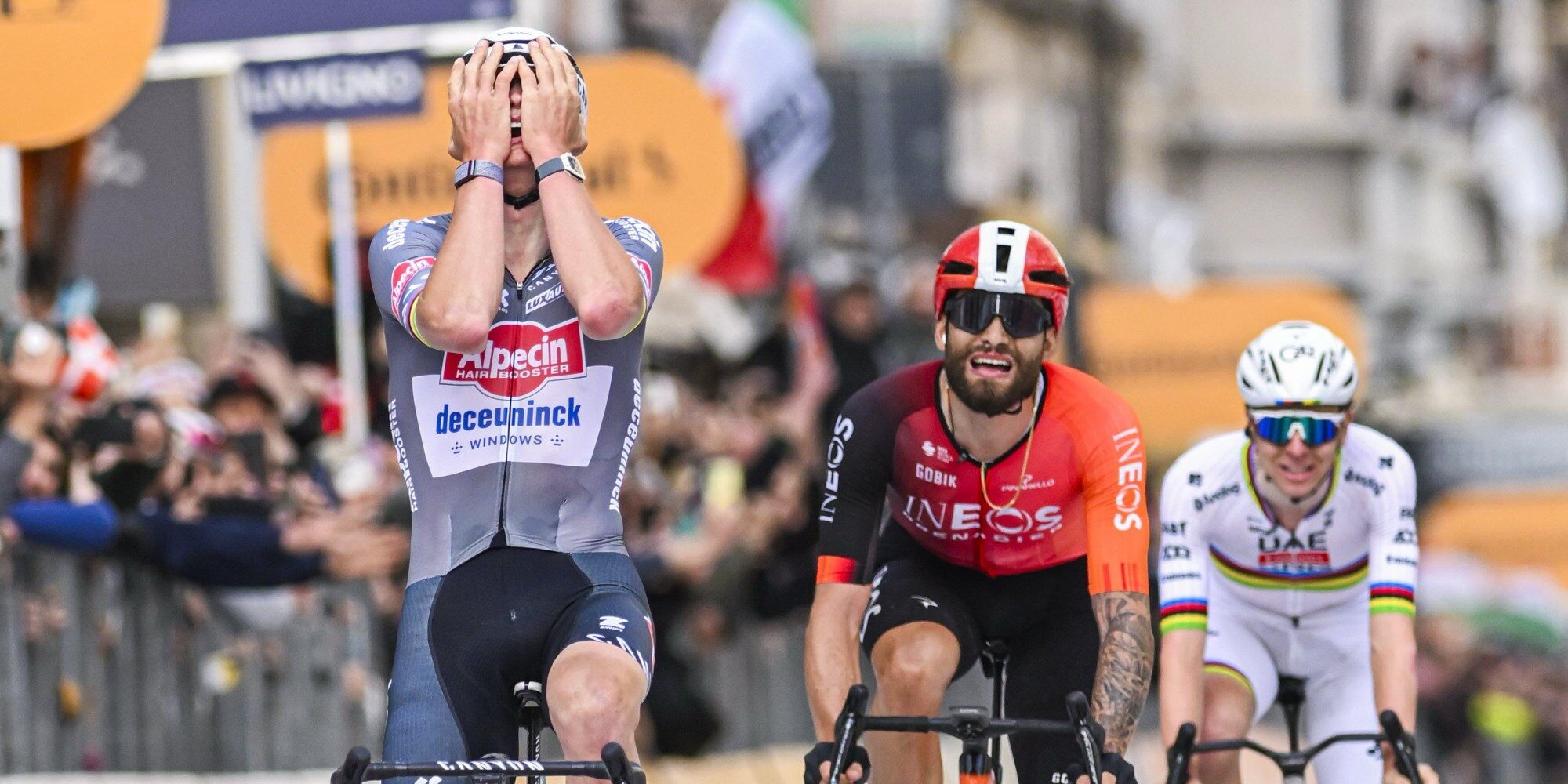 Mathieu van der Poel celebrating Milan-Sanremo 2025 win in Alpecin-Deceuninck jersey