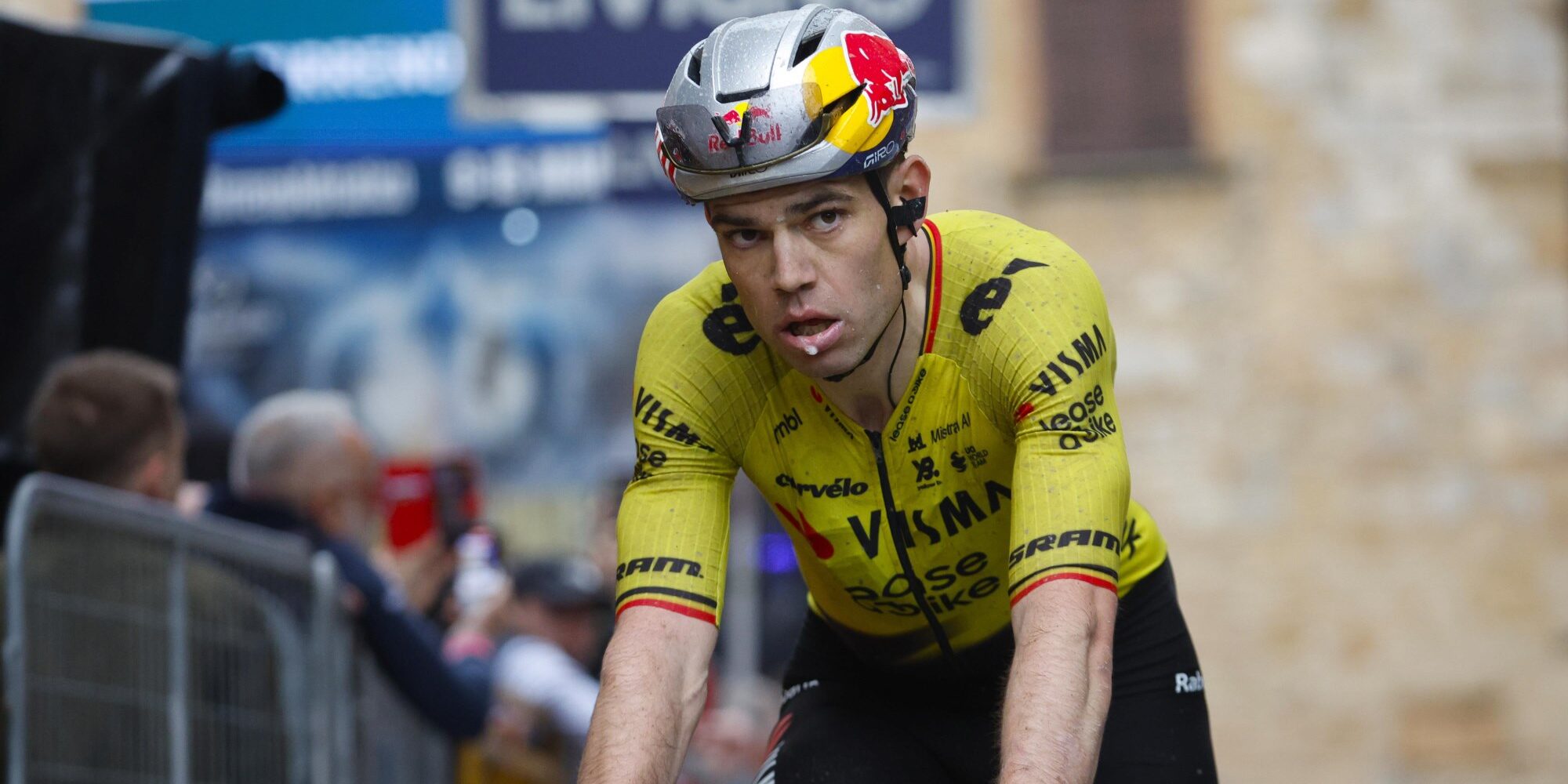 Wout van Aert racing in yellow Visma-Lease a Bike jersey at Tirreno-Adriatico