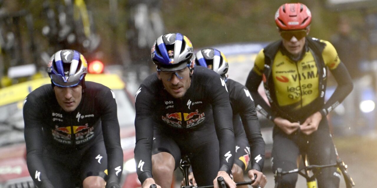 Mick Van Dijke, Tim Van Dijke, and Jonas Vingegaard leading Paris-Nice stage in rain