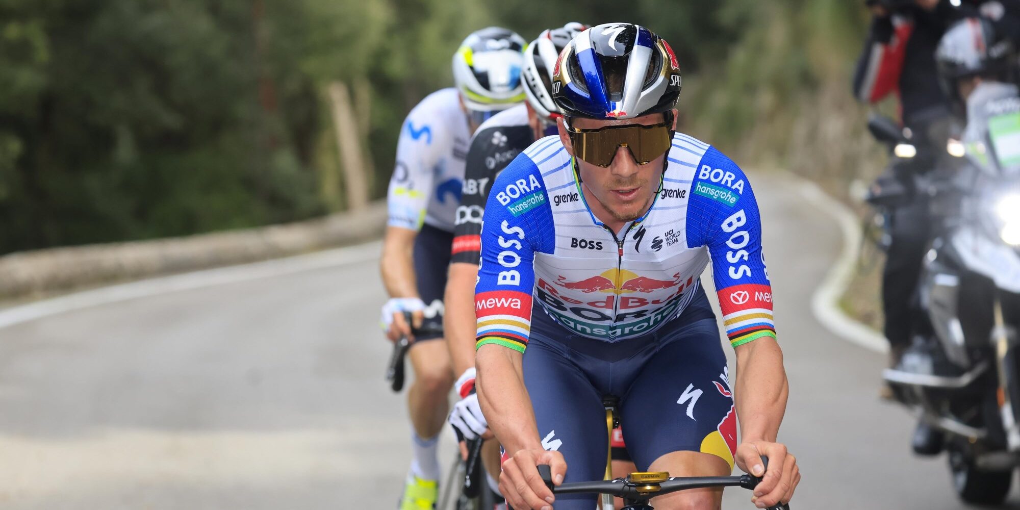 Remco Evenepoel racing in Red Bull-BORA-hansgrohe jersey at Trofeo Serra Tramuntana