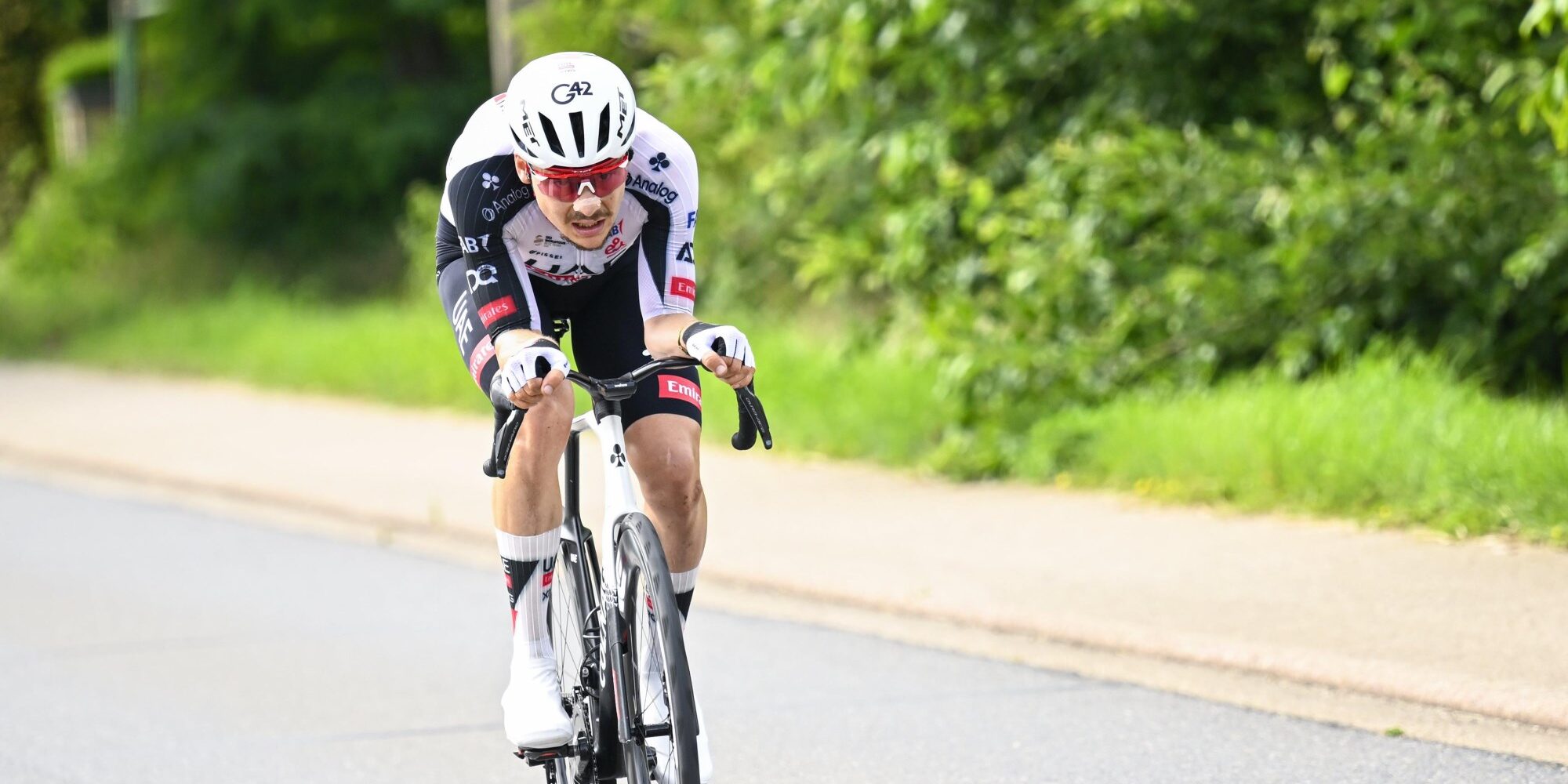 Rune Herregodts of UAE Team Emirates XRG in solo breakaway at Baloise Tour of Belgium