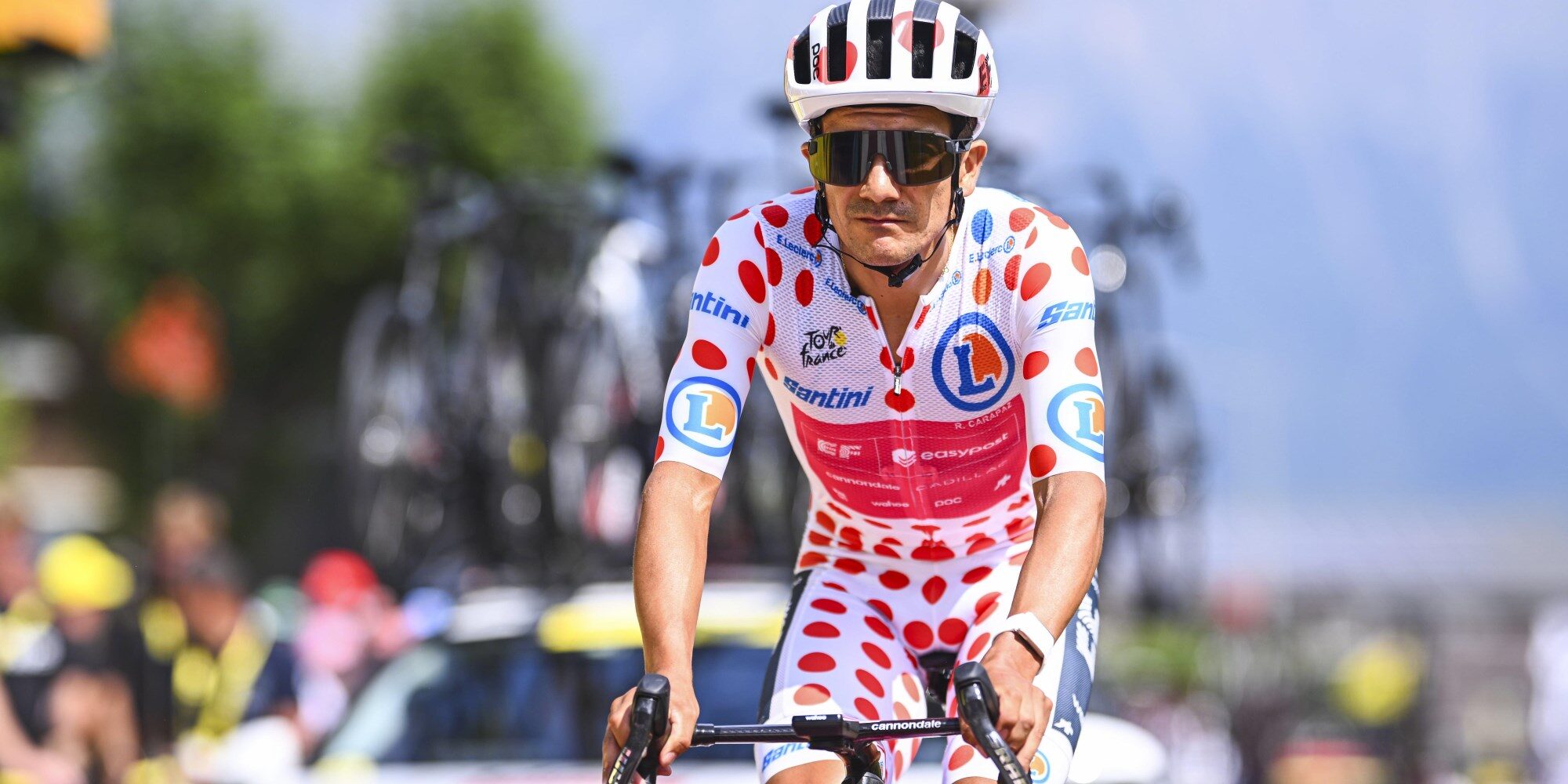 Richard Carapaz in polka dot king of the mountains jersey during Tour de France stage 20 to Alpe d'Huez