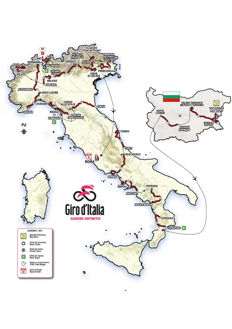 Giro d'Italia route map showing the race course through Italy and into Bulgaria