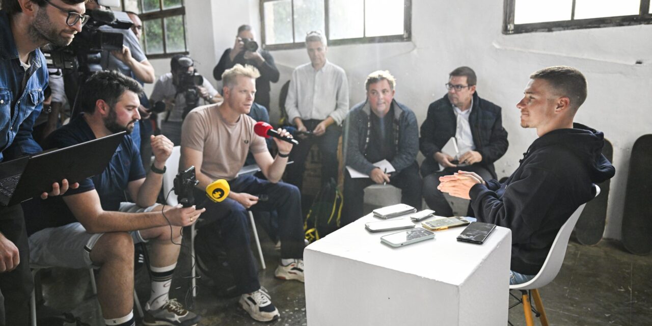 Remco Evenepoel in media interview at Red Bull BORA-hansgrohe team presentation