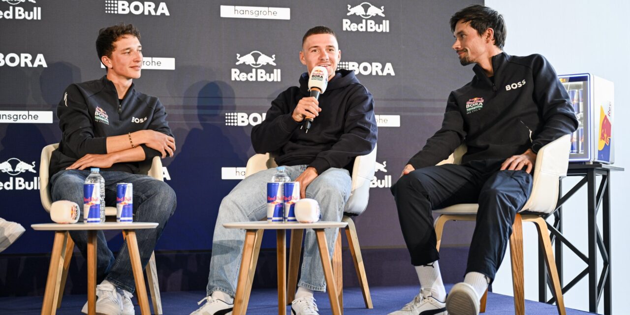 Remco Evenepoel, Primoz Roglic, and Florian Lipowitz at Red Bull BORA-hansgrohe media day