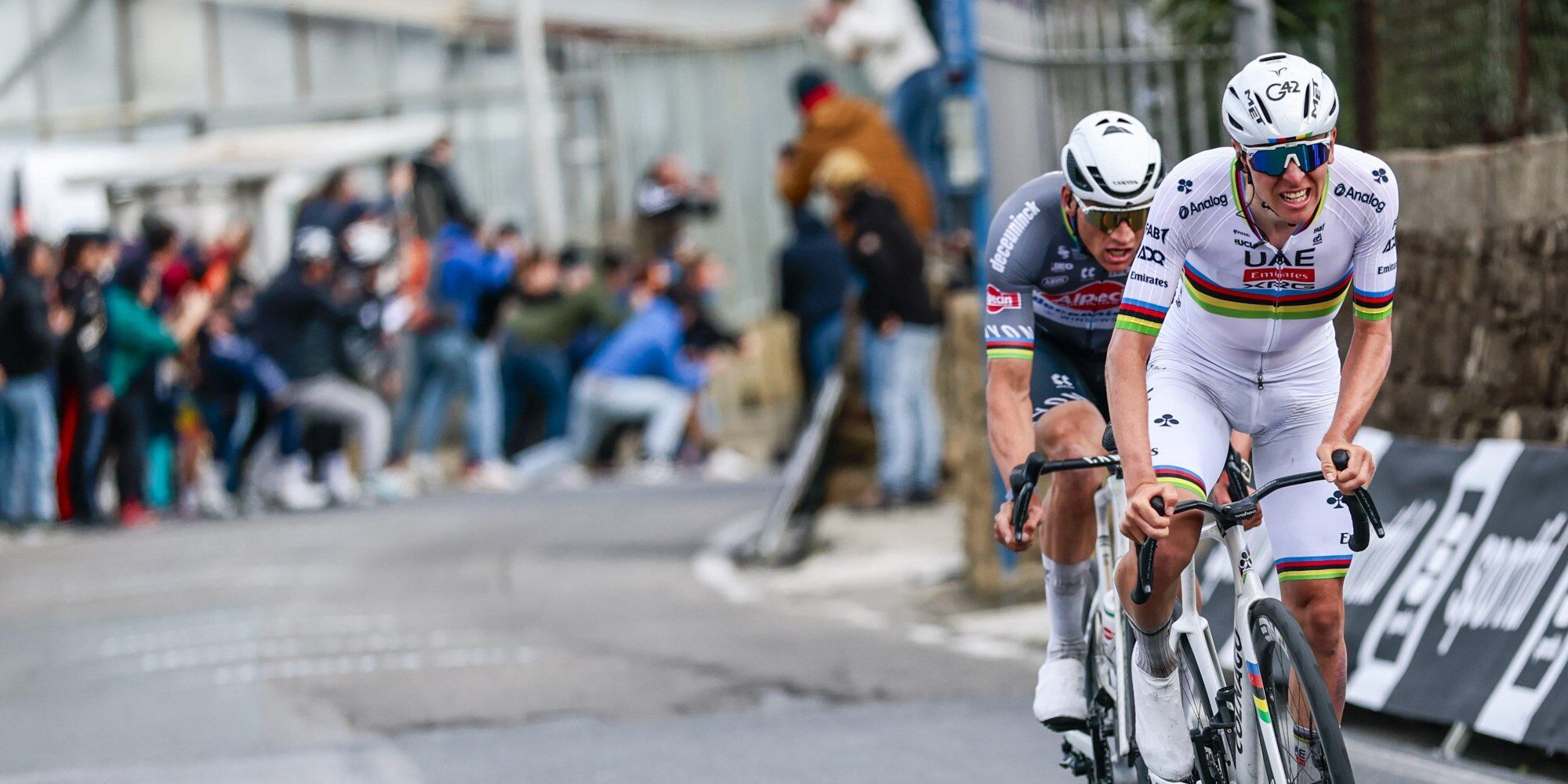 Tadej Pogacar and Mathieu van der Poel racing during Milan-Sanremo 2025