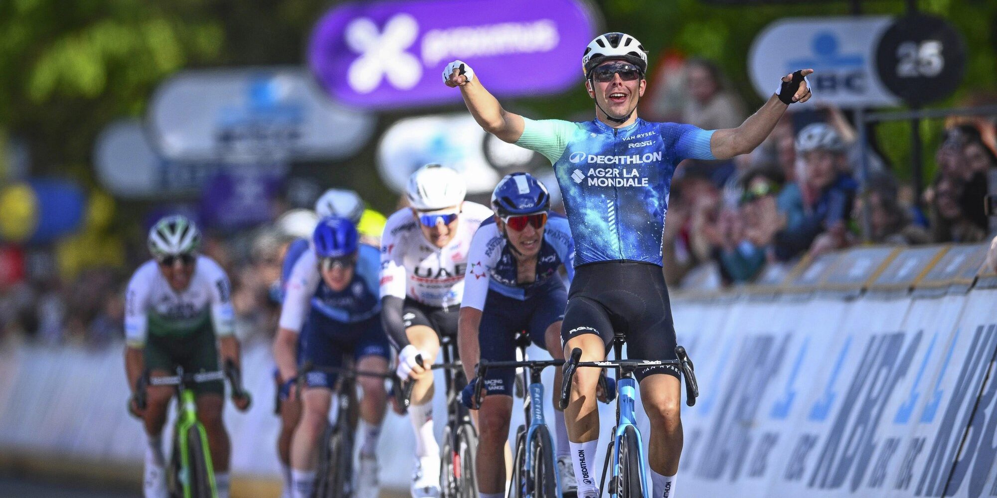 Benoit Cosnefroy celebrates victory at Brabantse Pijl in Decathlon AG2R La Mondiale jersey