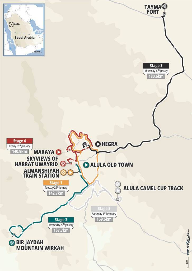 Saudi Tour cycling race route map showing five stages from Bir Jaydah to Tayma Fort