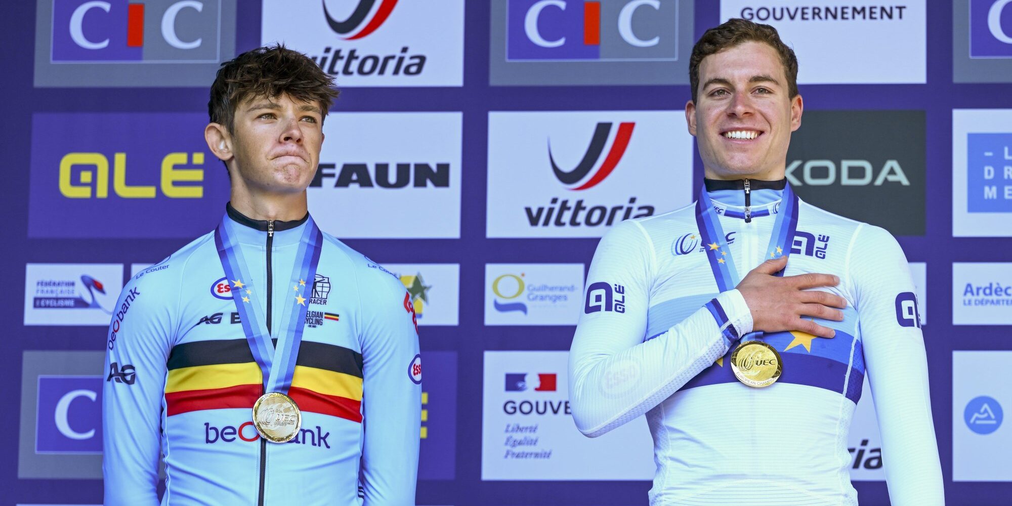 Jonathan Vervenne and Matisse Van Kerckhove on podium at U23 European Championships time trial