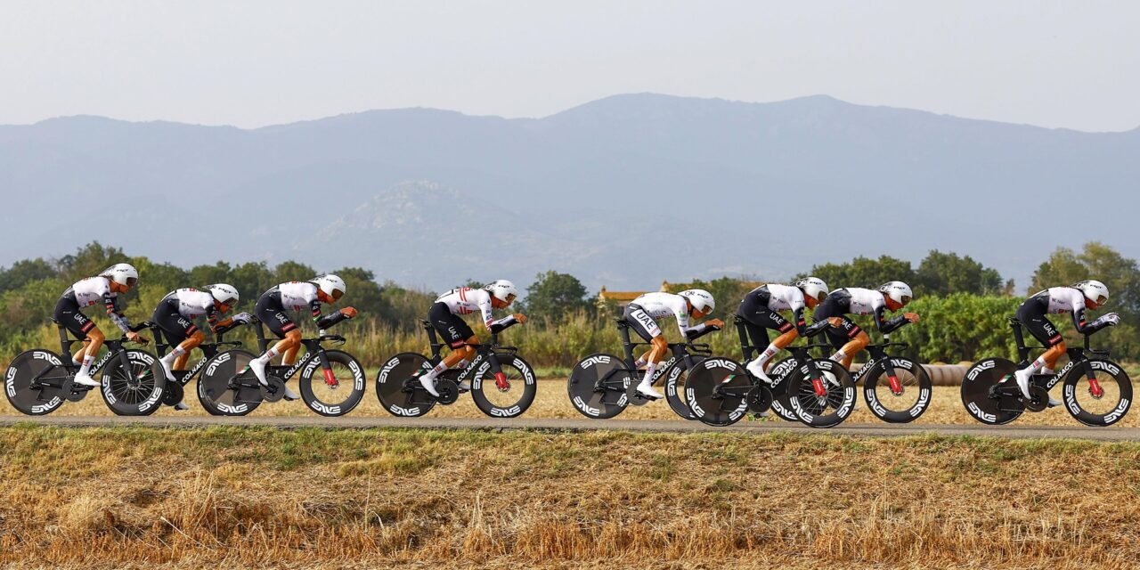 UAE Team Emirates cycling team in time trial formation at La Vuelta stage 5 in Figueres
