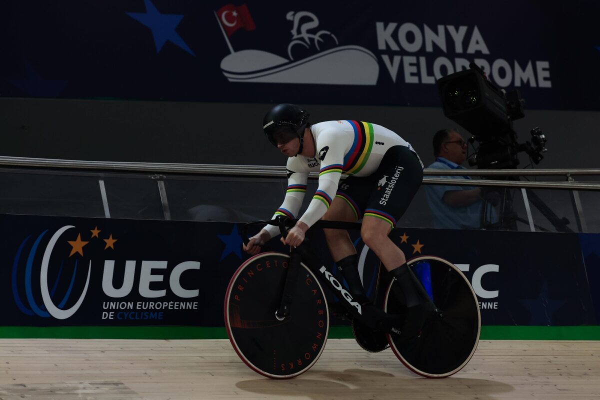 Harrie Lavreysen in world champion jersey competing in men's sprint at Konya velodrome